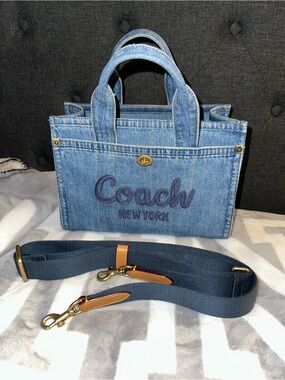 New Coach Denim Crossbody Tote in Light Blue with Navy Strap